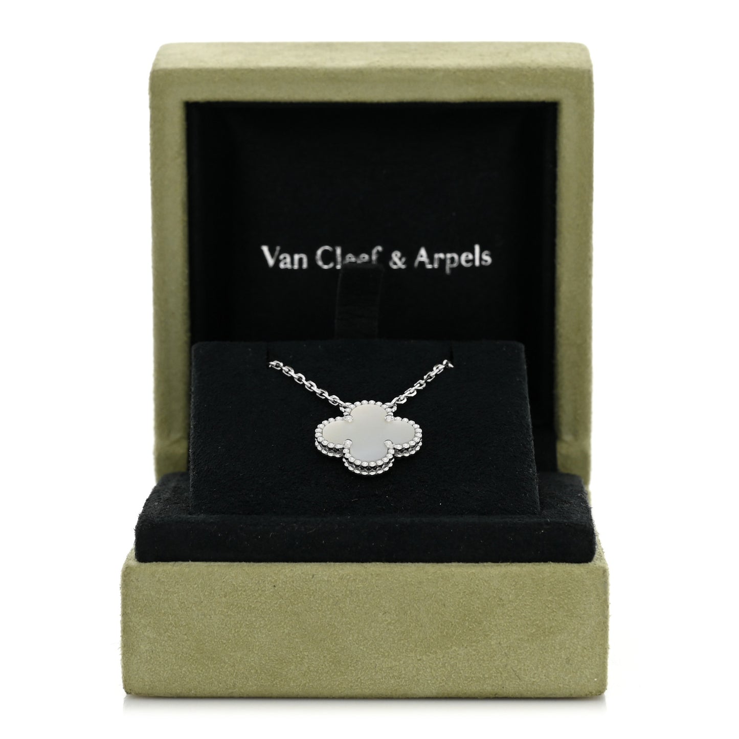 18K White Gold Mother of Pearl Vintage Alhambra Pendant Necklace