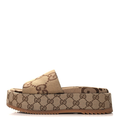 Gucci Monogram Maxi GG Angelina Platform 55mm Slide Sandals 38 Camel Ebony 1 of 9