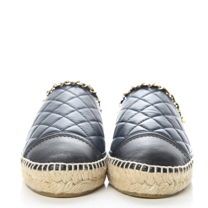 Chanel Lambskin Grosgrain Quilted CC Chain Espadrille Mules 39 Black Navy 2 of 11