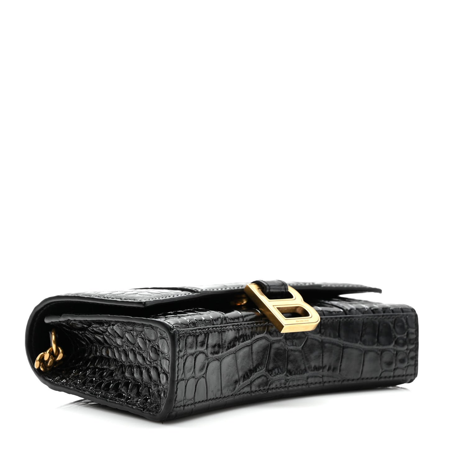 Shiny Calfskin Crocodile Embossed Hourglass Chain Bag Black