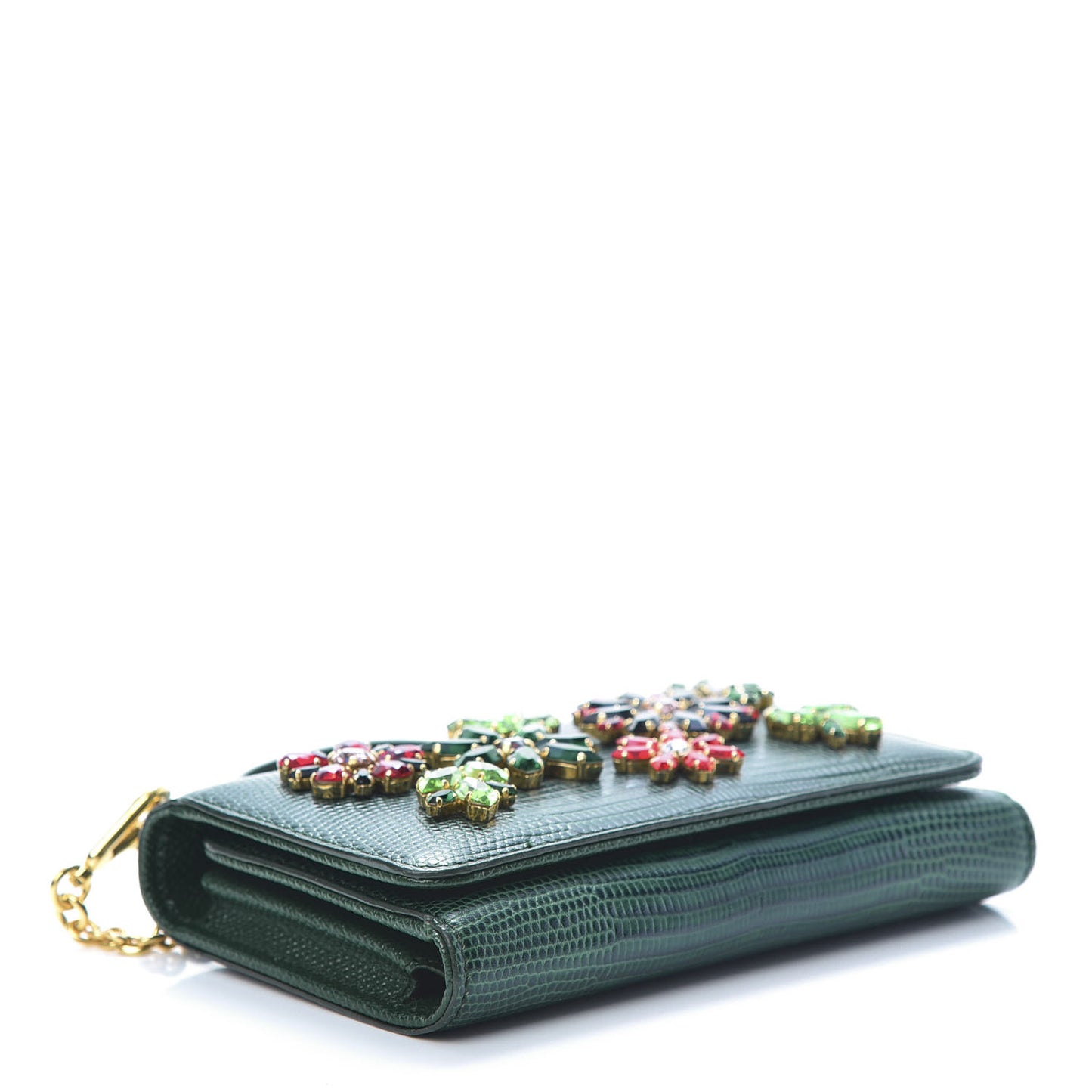 Lizard Calfskin Embossed Crystal Wallet On Chain Green
