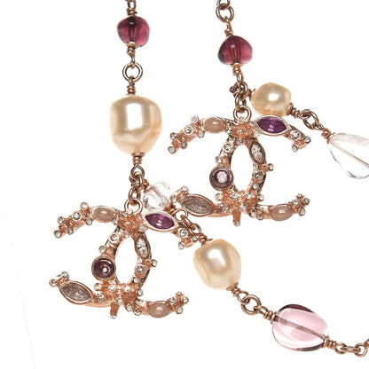 Chanel Beaded Pearl Crystal CC Long Strand Necklace Gold Purple 4 of 5