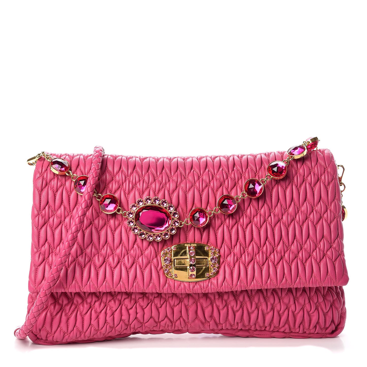 Nappa Matelasse Crystal Flap Clutch Fuxia