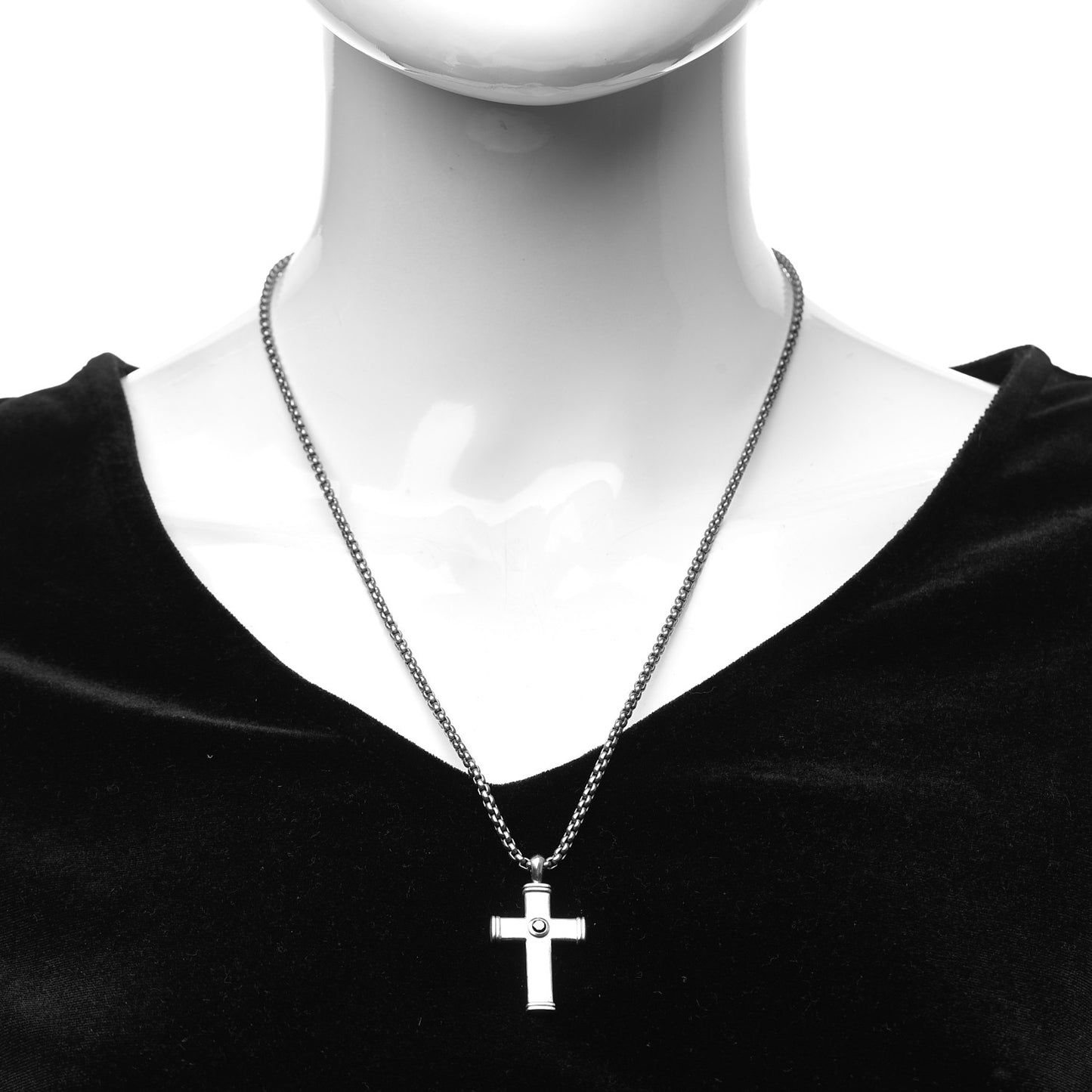 Sterling Silver Titanium Black Diamond Streamline Cross Tag Pendant Necklace