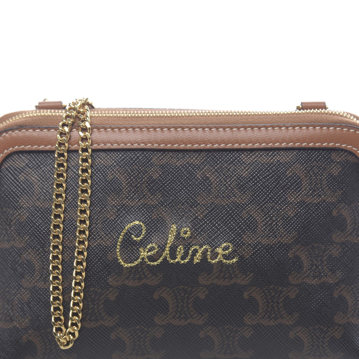 Lambskin Triomphe Canvas Embroidered Logo Clutch With Chain Tan