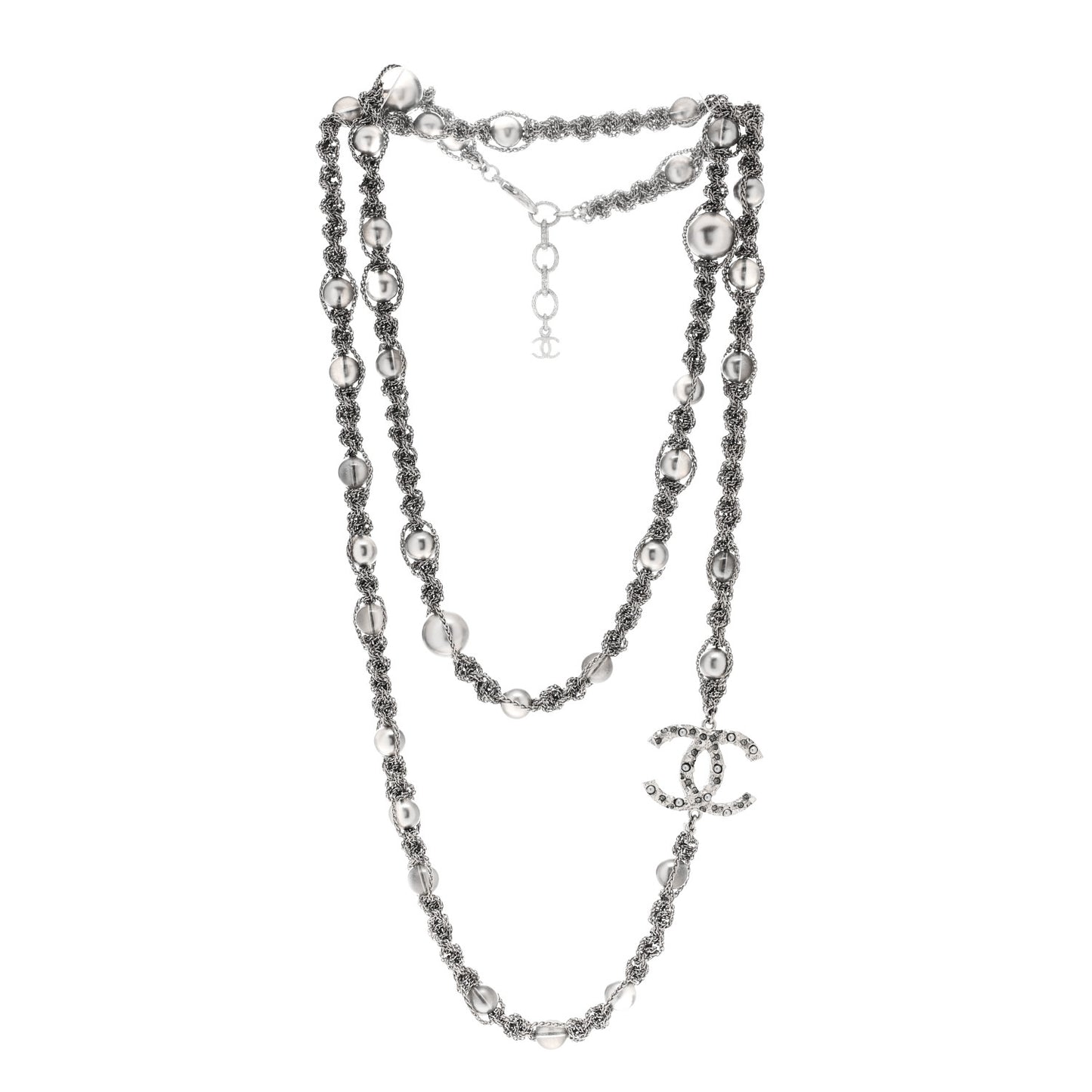 Crystal Pearl Bead CC Long Necklace Silver Grey
