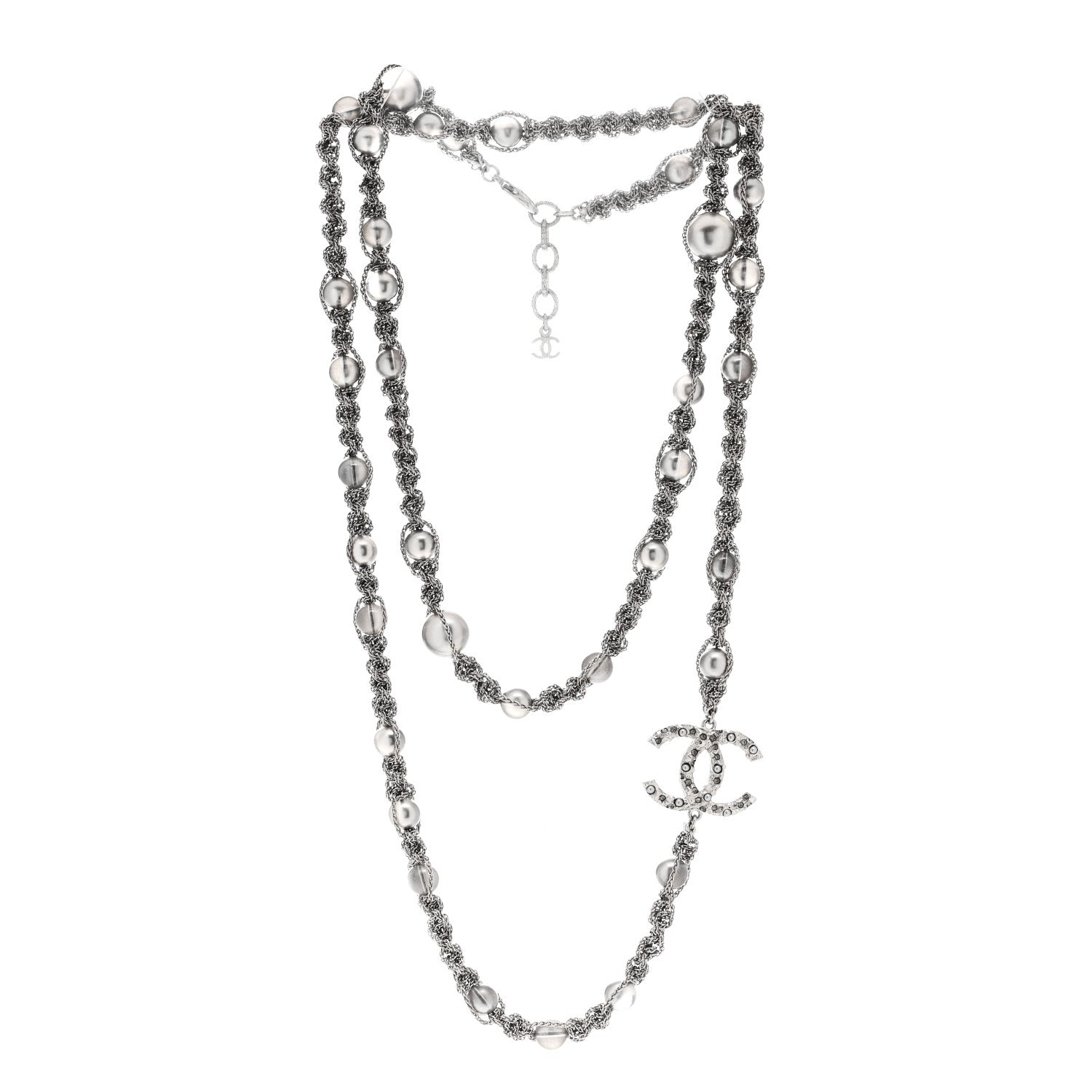 Chanel Crystal Pearl Bead CC Long Necklace Silver Grey 3 of 6