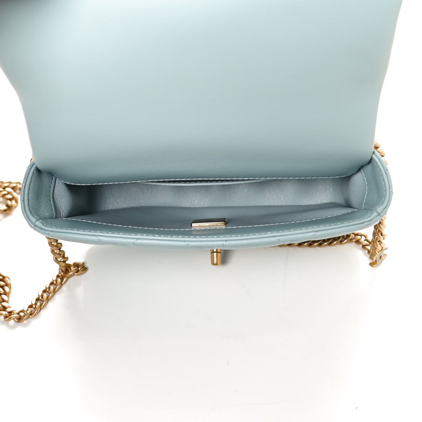 Lambskin Enamel Quilted Mini Pending CC Square Flap Light Blue