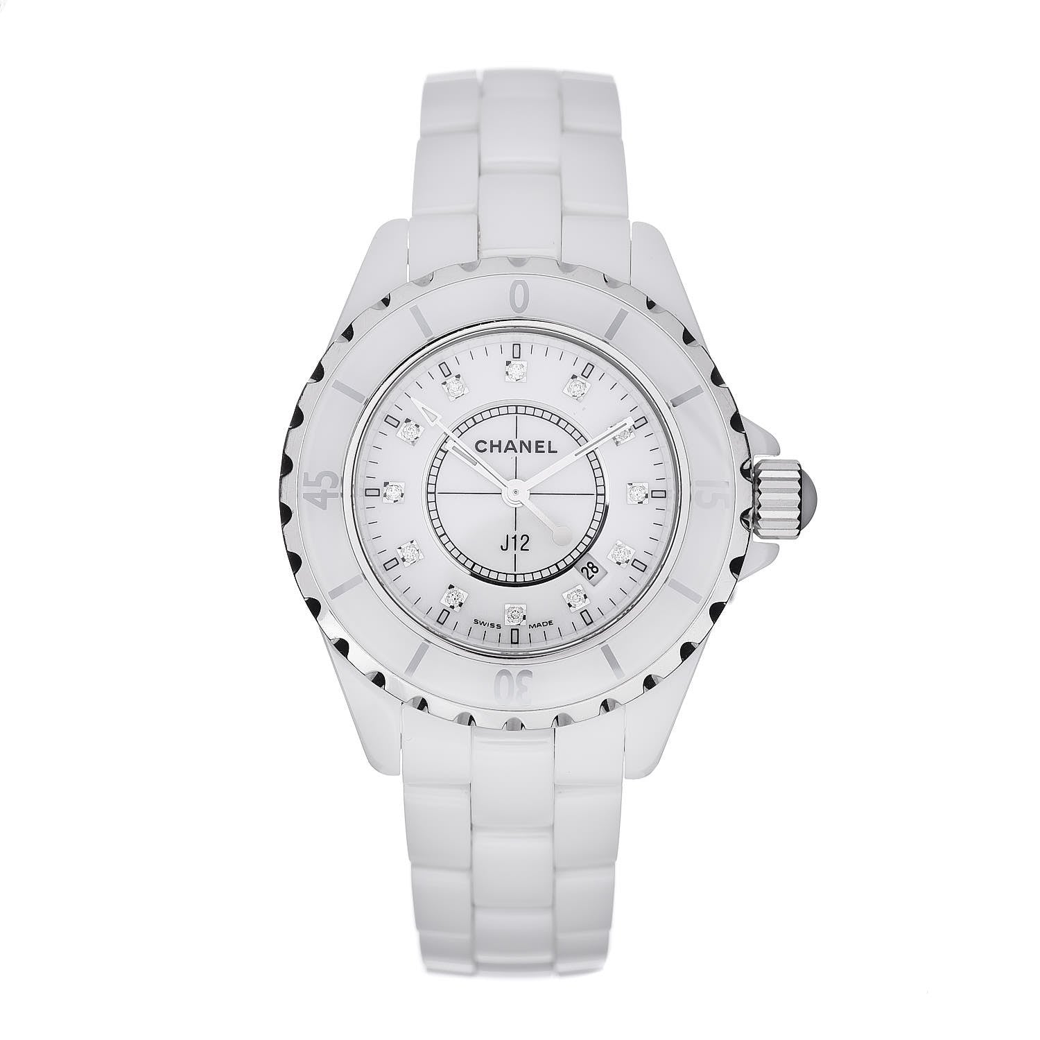 Chanel Stainless Steel Ceramic Diamond 33mm J12 Quartz Watch White 1 of 5