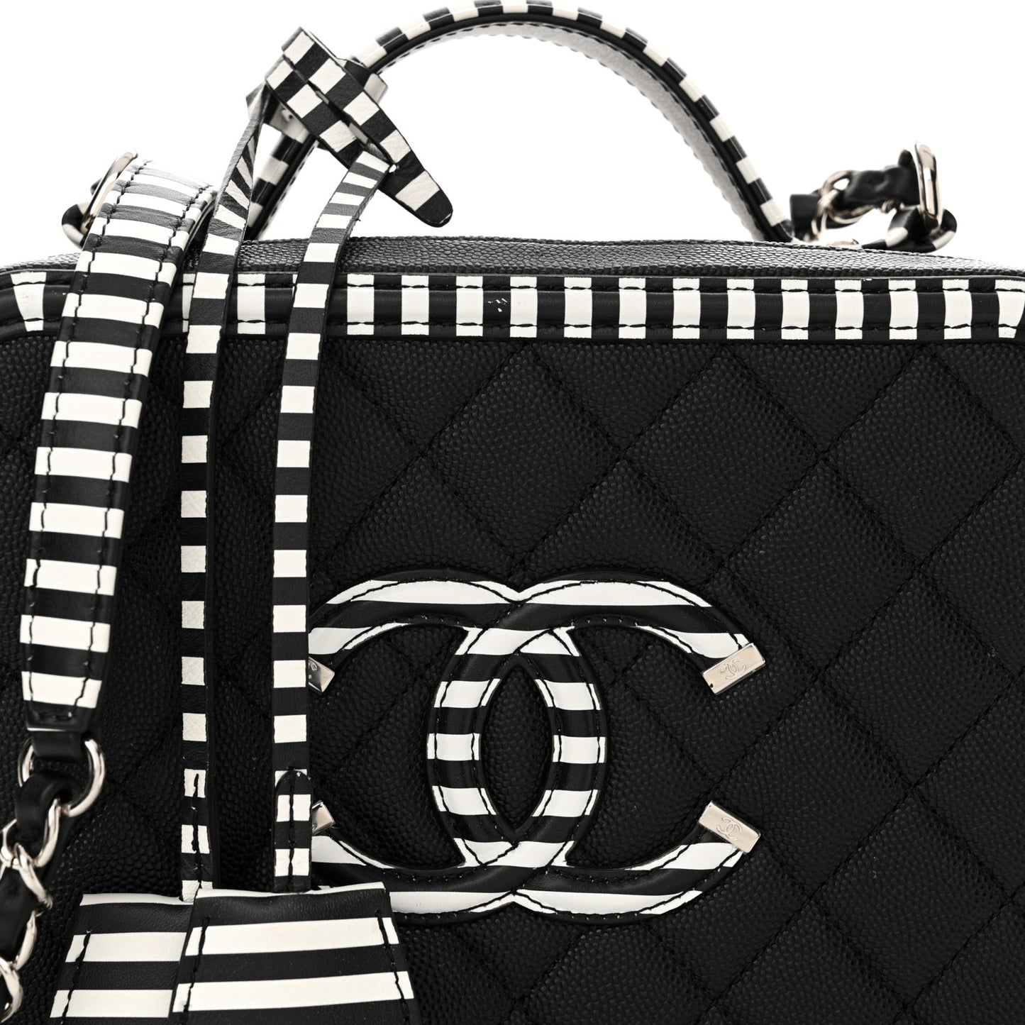 Caviar Quilted Striped Medium CC Filigree Vanity Case Black White