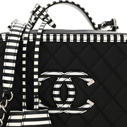 Chanel Caviar Quilted Striped Medium CC Filigree Vanity Case Black White 8 of 11