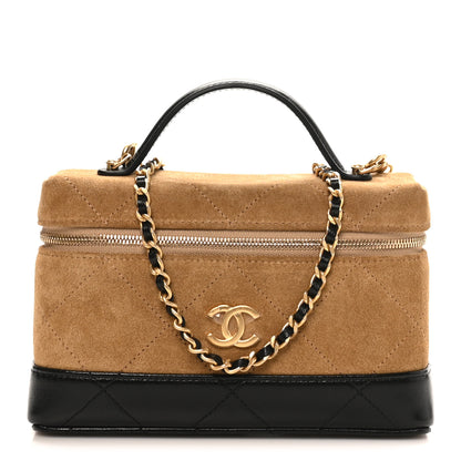 Chanel Suede Calfskin Shiny Lambskin Stitched Top Handle Slim Vanity Case With Chain Beige Black 1 of 11