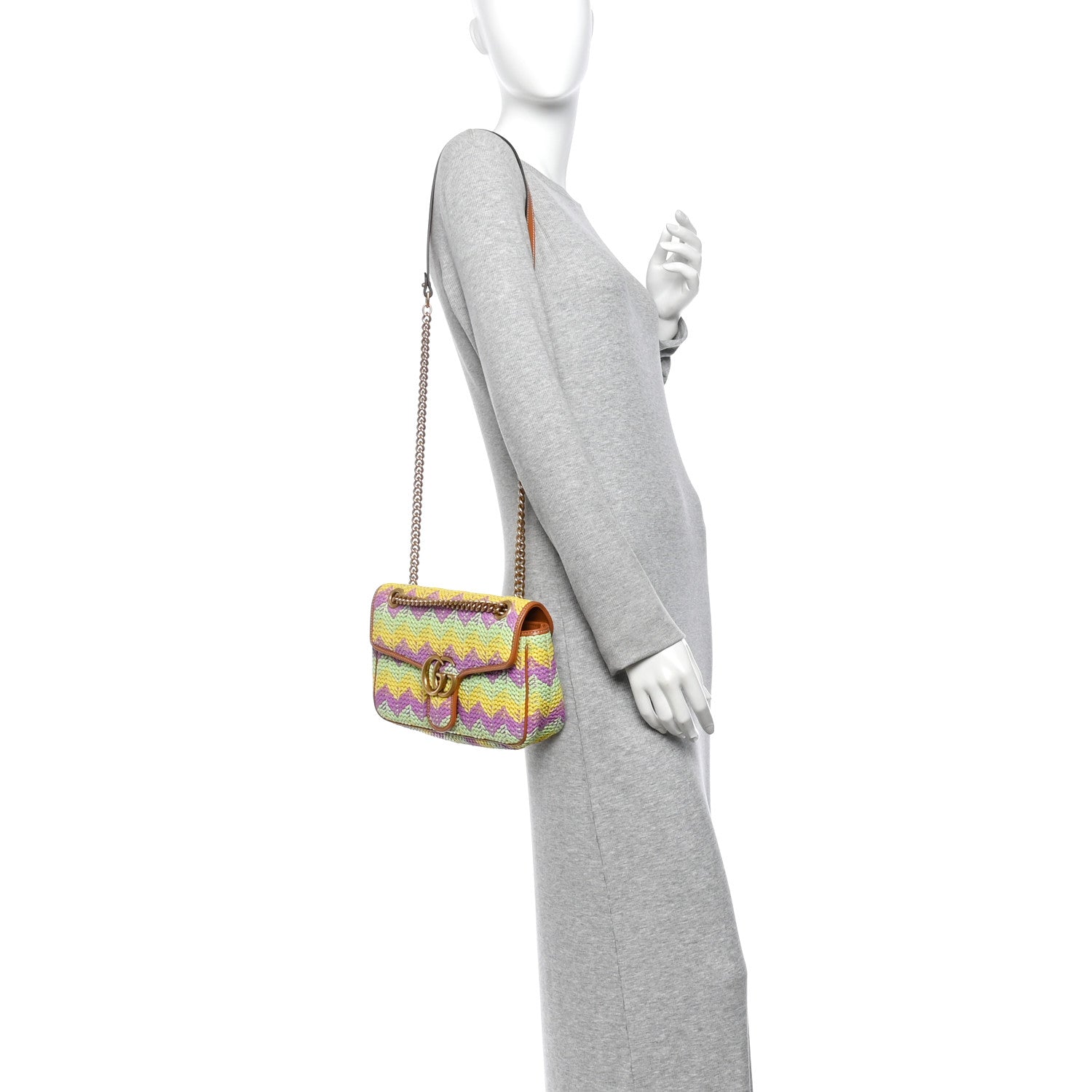 Gucci Calfskin Raffia Woven Small GG Marmont Shoulder Bag Multicolor 2 of 9