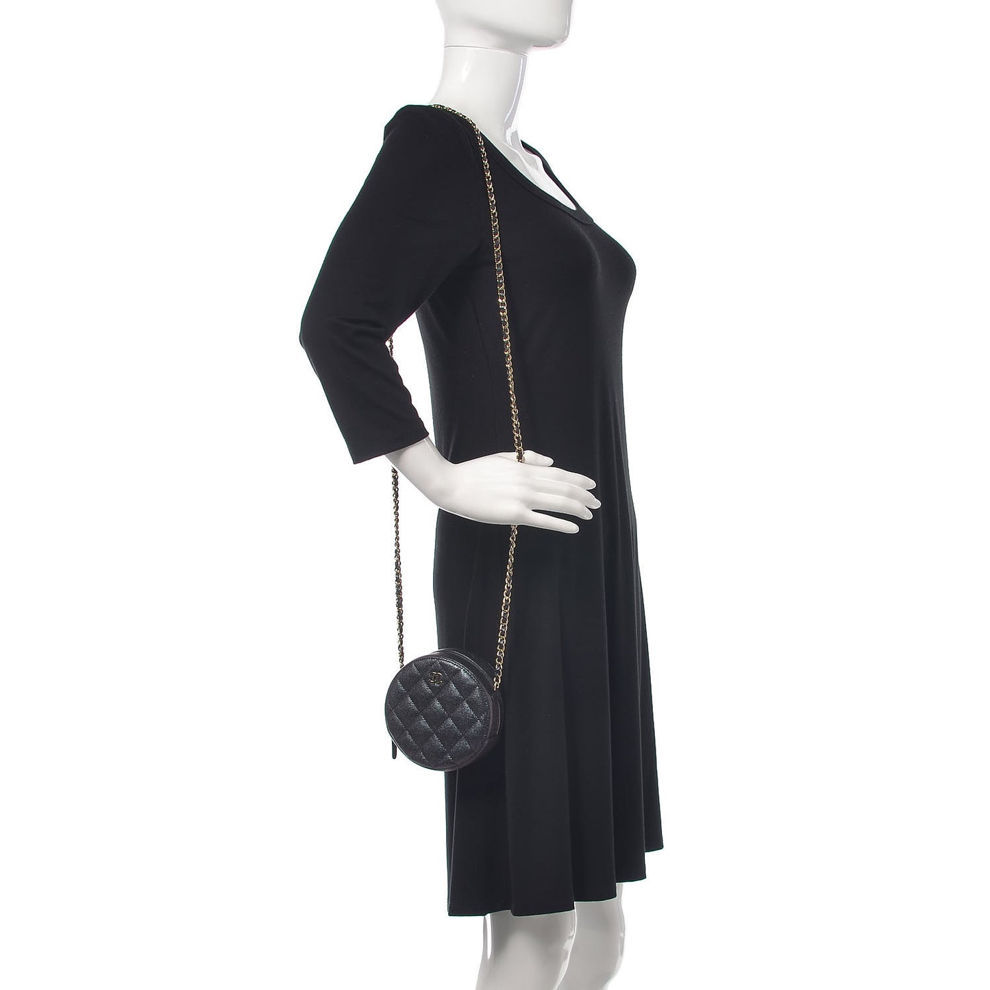 Iridescent Caviar Quilted Round Clutch With Chain Black