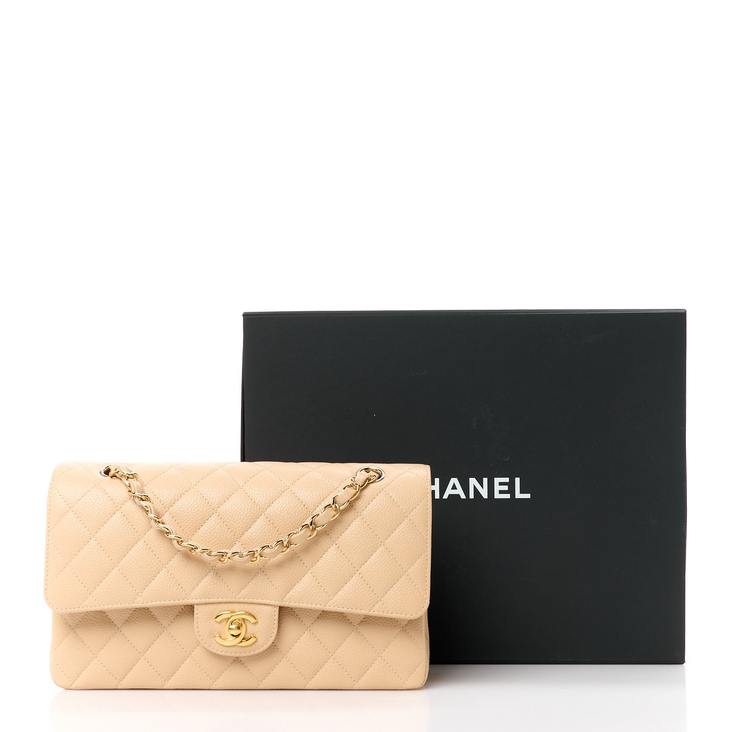 Caviar Quilted Medium Double Flap Beige