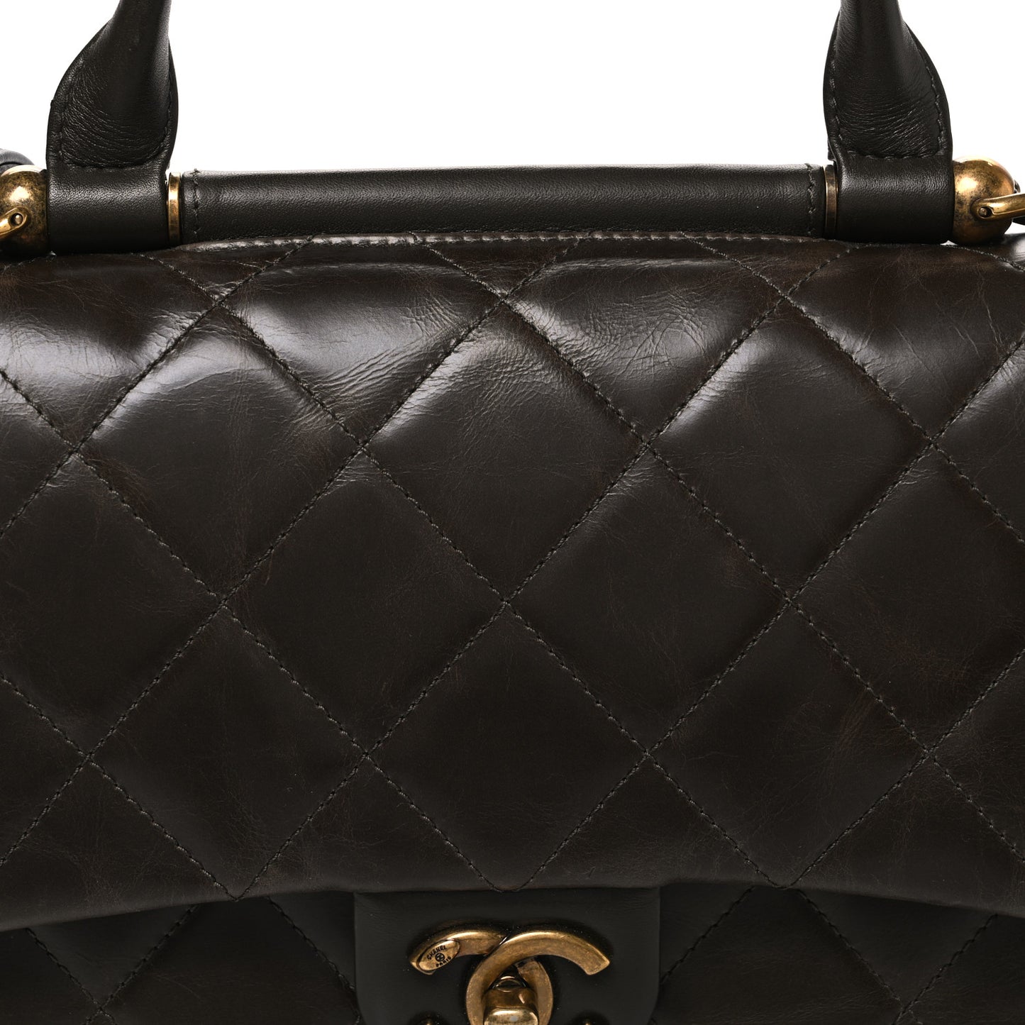 Glazed Calfskin Quilted Large Gold Bar Top Handle Flap Dark Grey