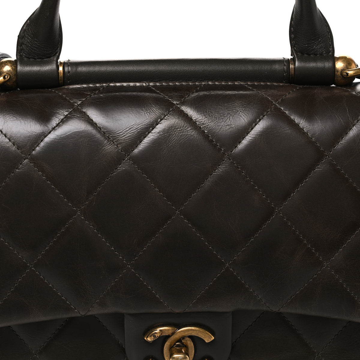 Chanel Glazed Calfskin Quilted Large Gold Bar Top Handle Flap Dark Grey 7 of 9