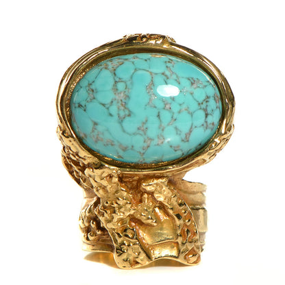 Saint Laurent Glass Cabochon Arty Ovale Ring 8 Gold Turquoise 1 of 5