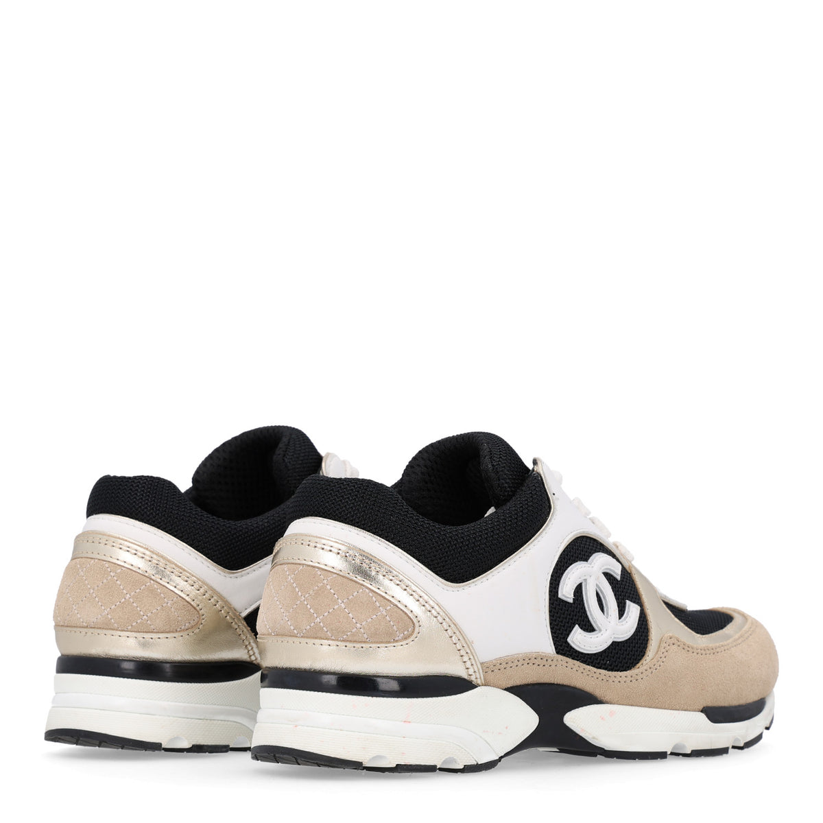 Mesh Suede Calfskin Grained Calfskin Womens CC Sneakers 37 White Black Beige Gold