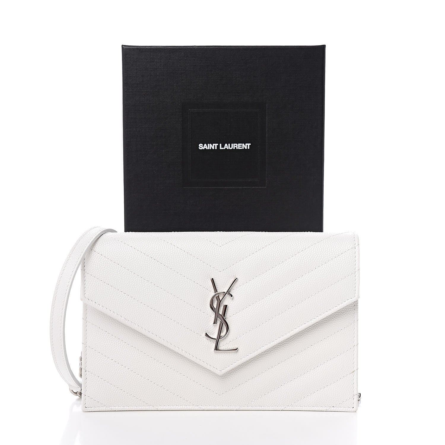 Saint Laurent Grain De Poudre Matelasse Chevron Monogram Envelope Chain Wallet Optical White 11 of 11
