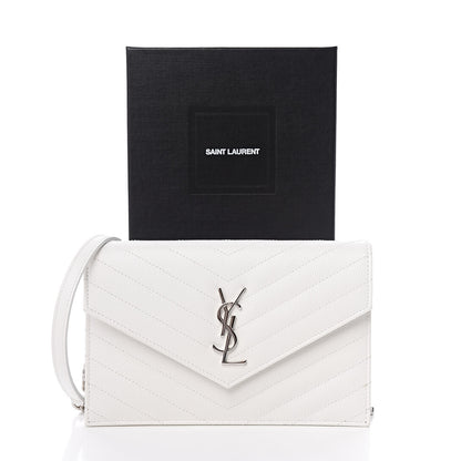Saint Laurent Grain De Poudre Matelasse Chevron Monogram Envelope Chain Wallet Optical White 11 of 11