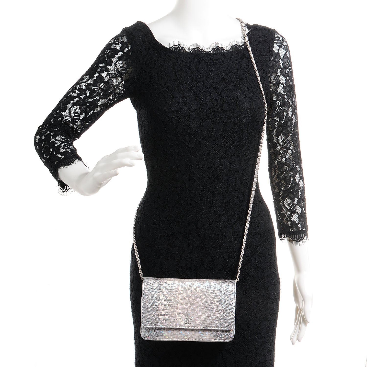 Chanel Iridescent Lizard Embossed Wallet on Chain WOC Silver 2 of 8