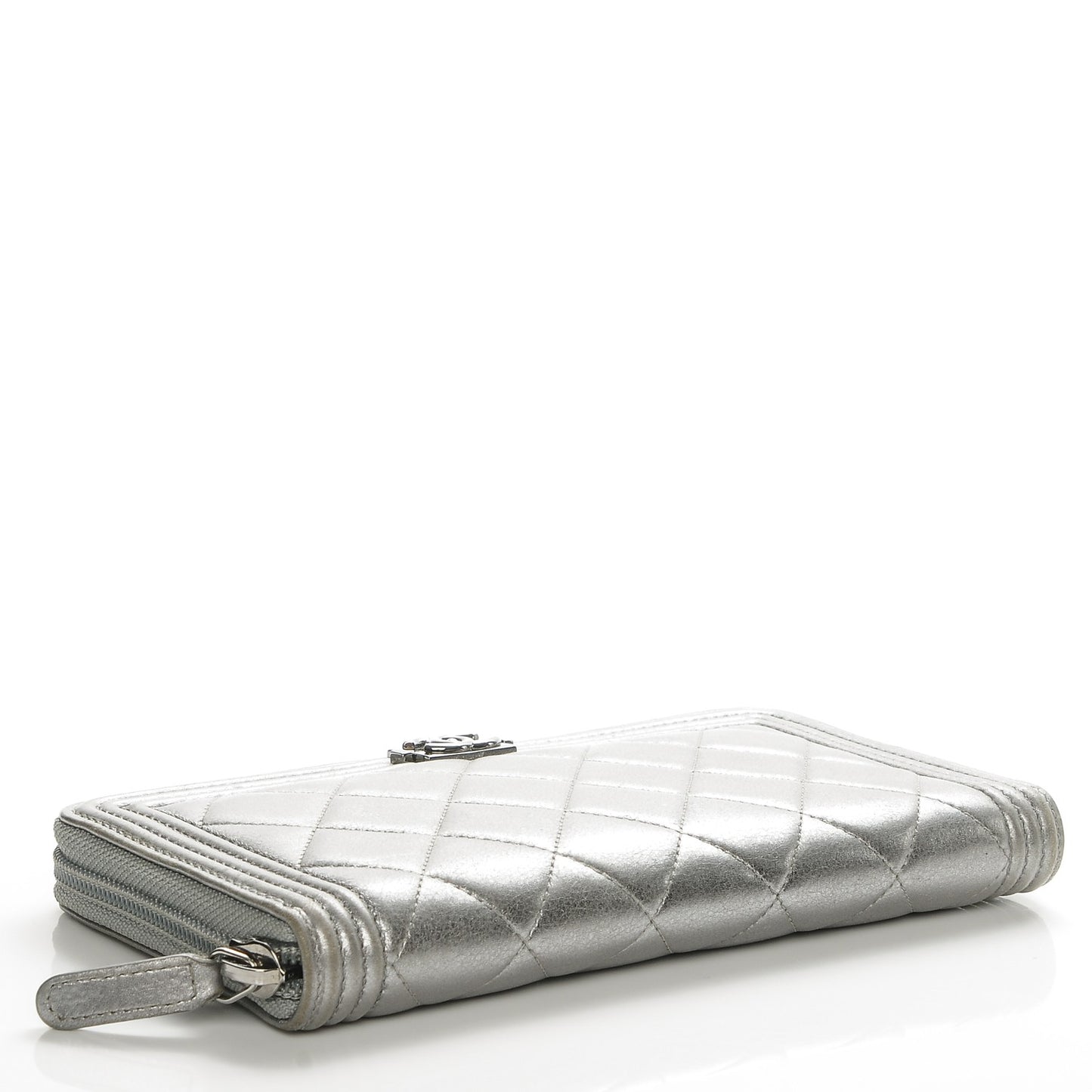 Metallic Calfskin Quilted Boy Zip Around Wallet Silver