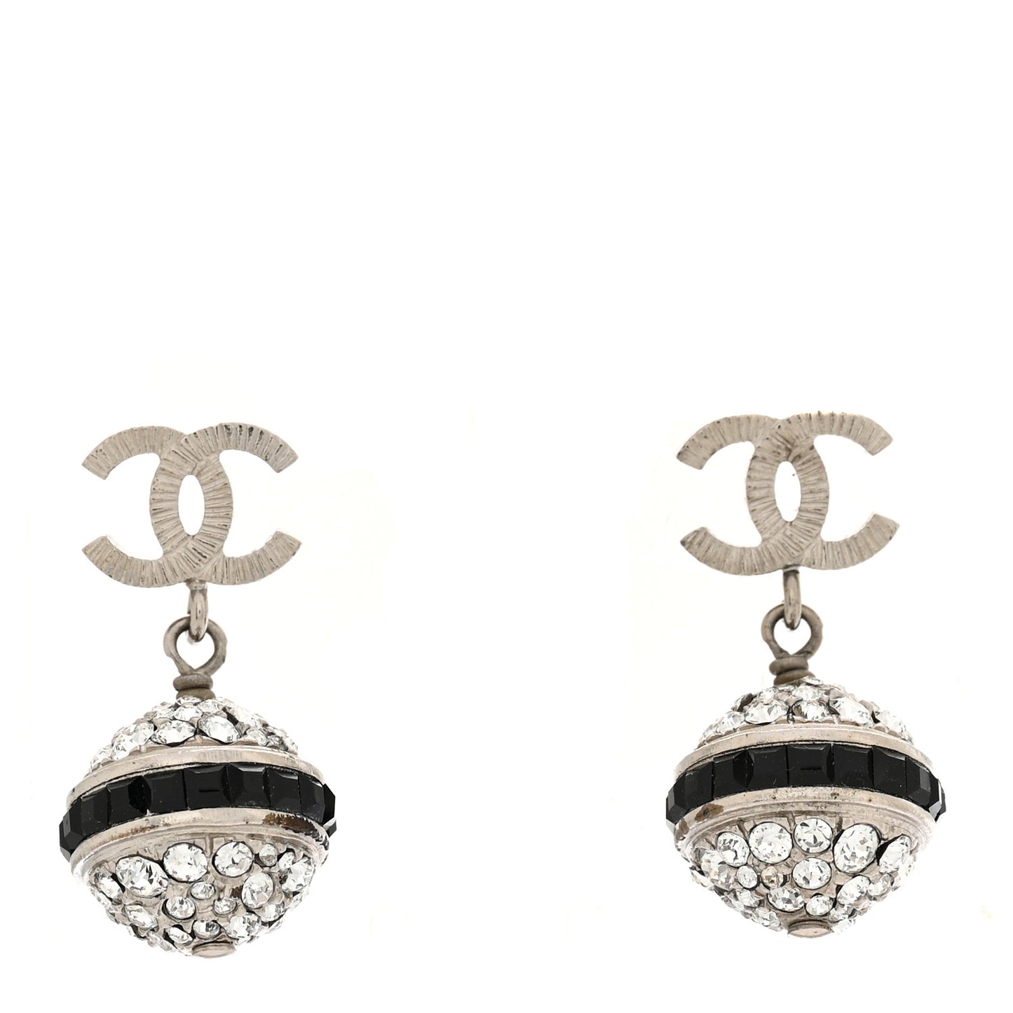 Crystal CC Ball Drop Earrings Black Silver