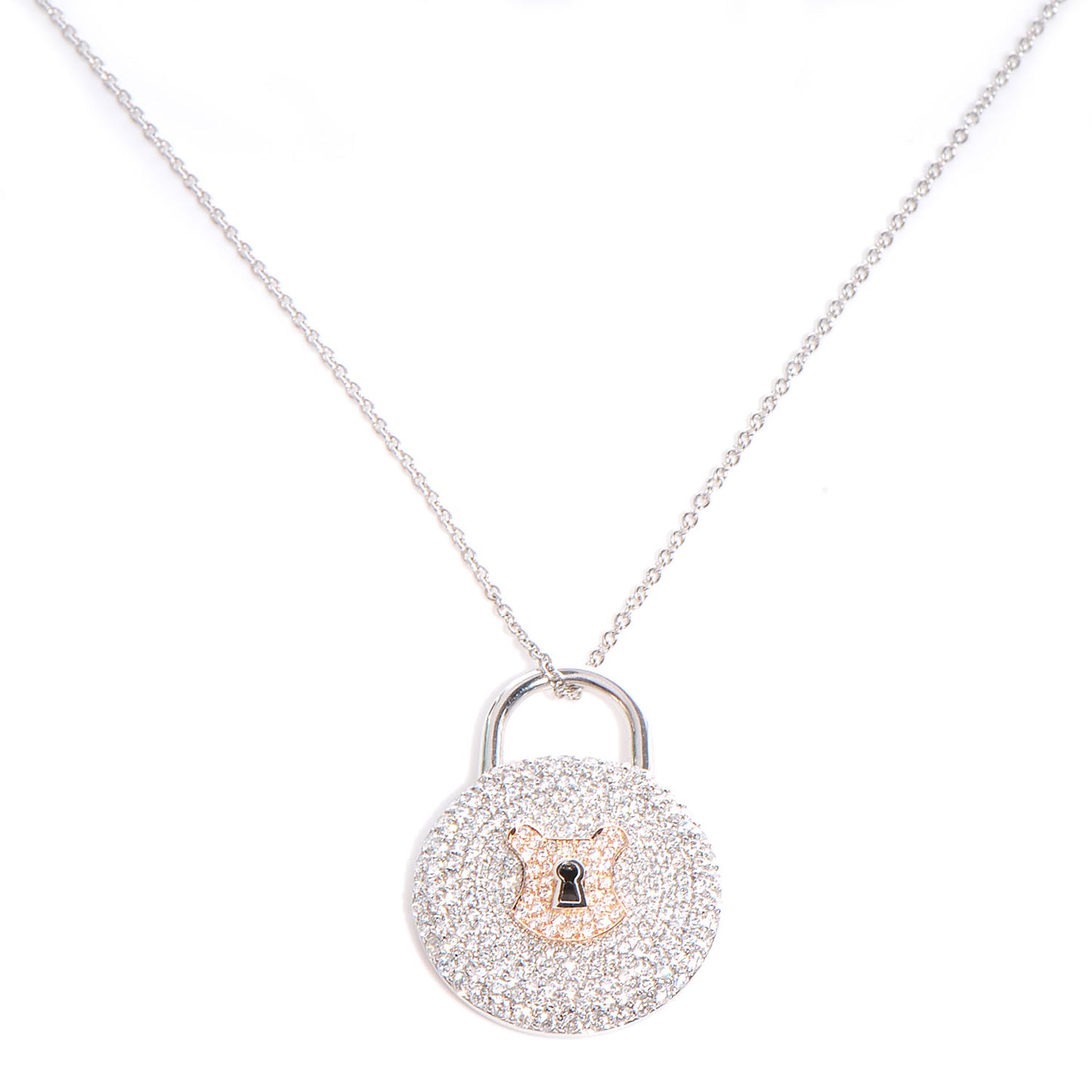 Platinum 18K Rose Gold Diamond Vintage Lock Pendant Necklace