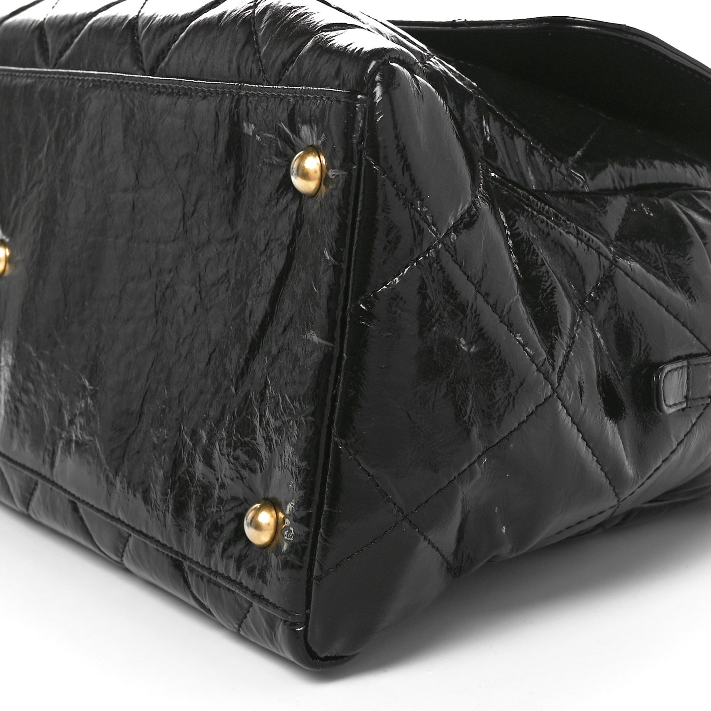 Shiny Crumpled Calfskin Quilted Maxi Bowling Bag Black