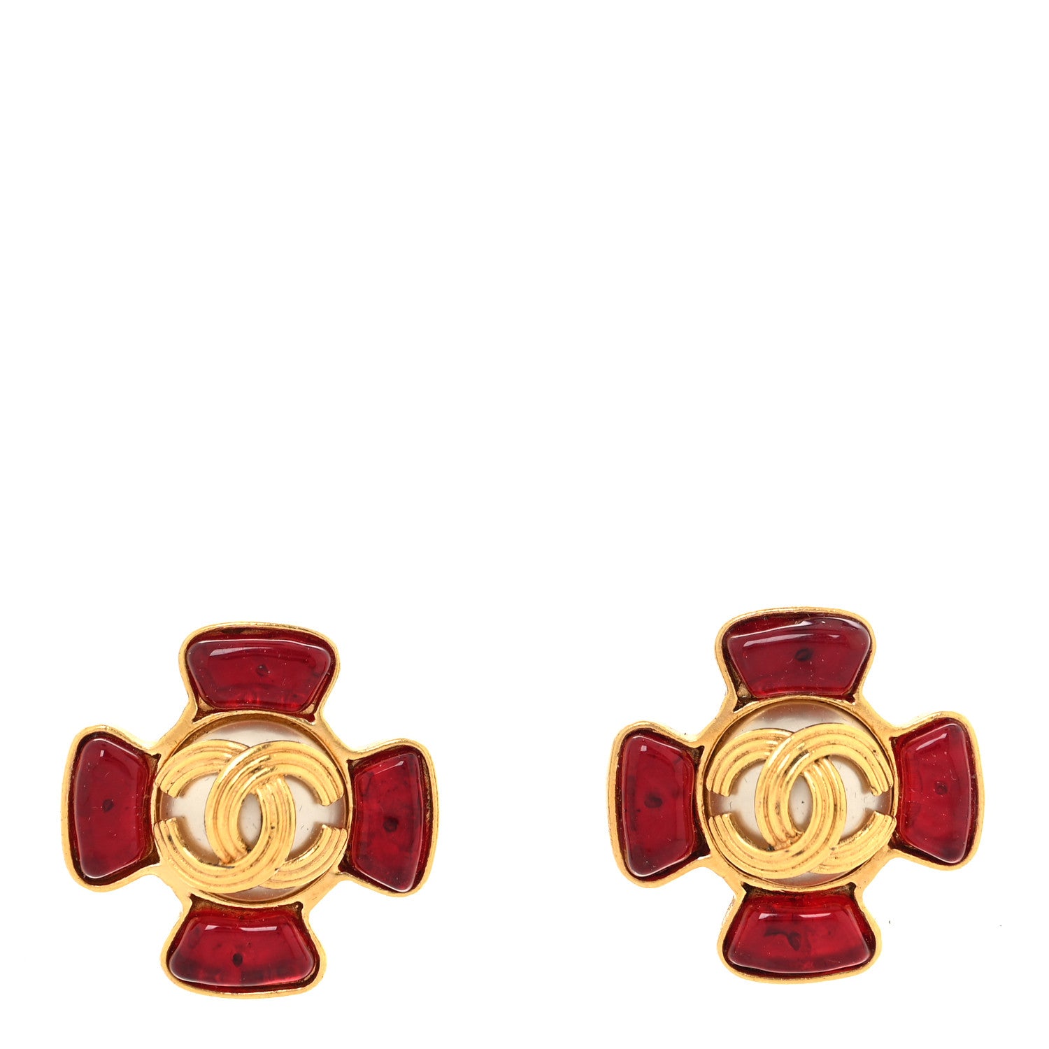 Chanel Metal Gripoix Clip On Earrings Gold Red 1 of 10
