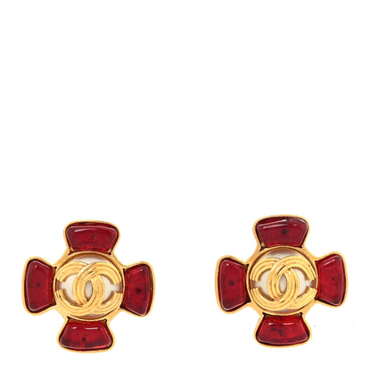 Chanel Metal Gripoix Clip On Earrings Gold Red 1 of 10