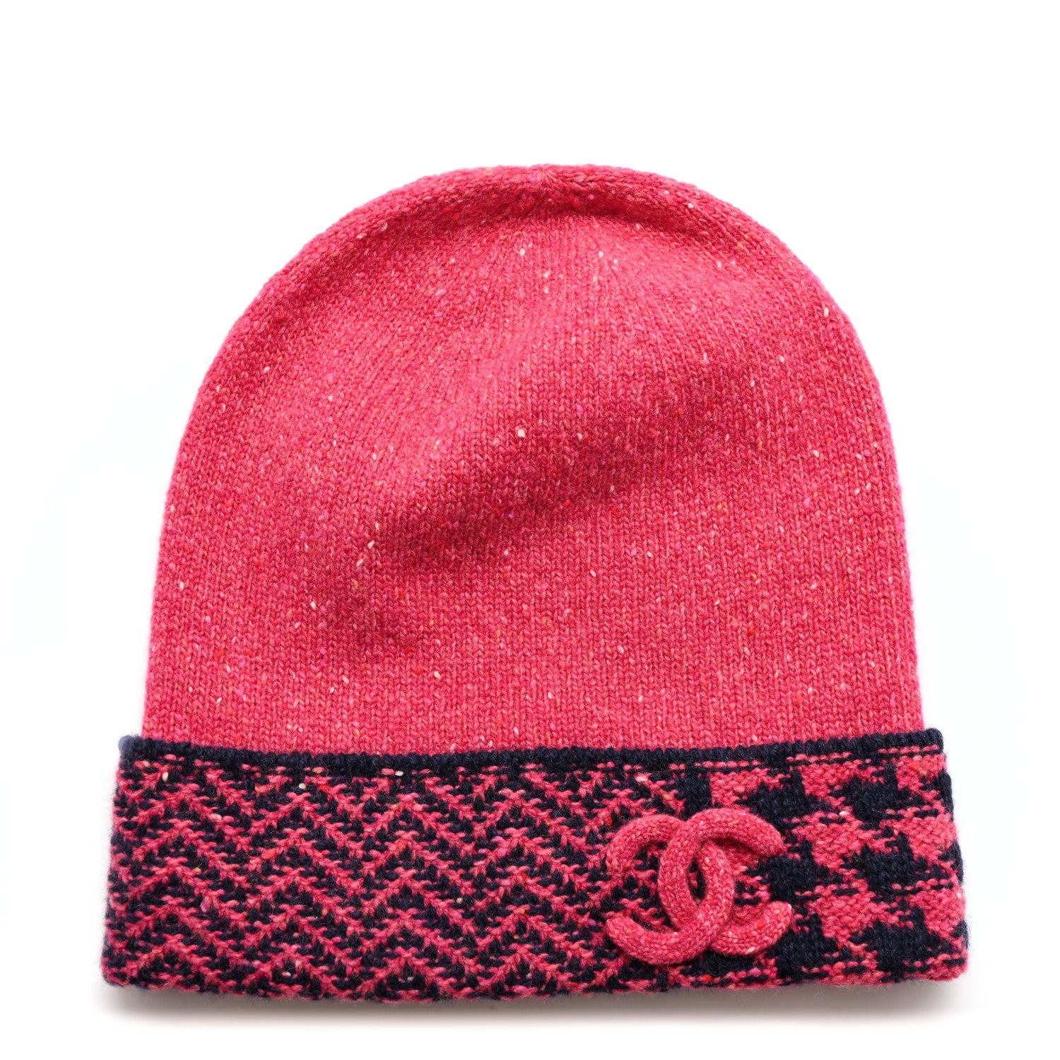 Chanel Cashmere Quilted CC Beanie Hat Pink Navy Blue 1 of 5