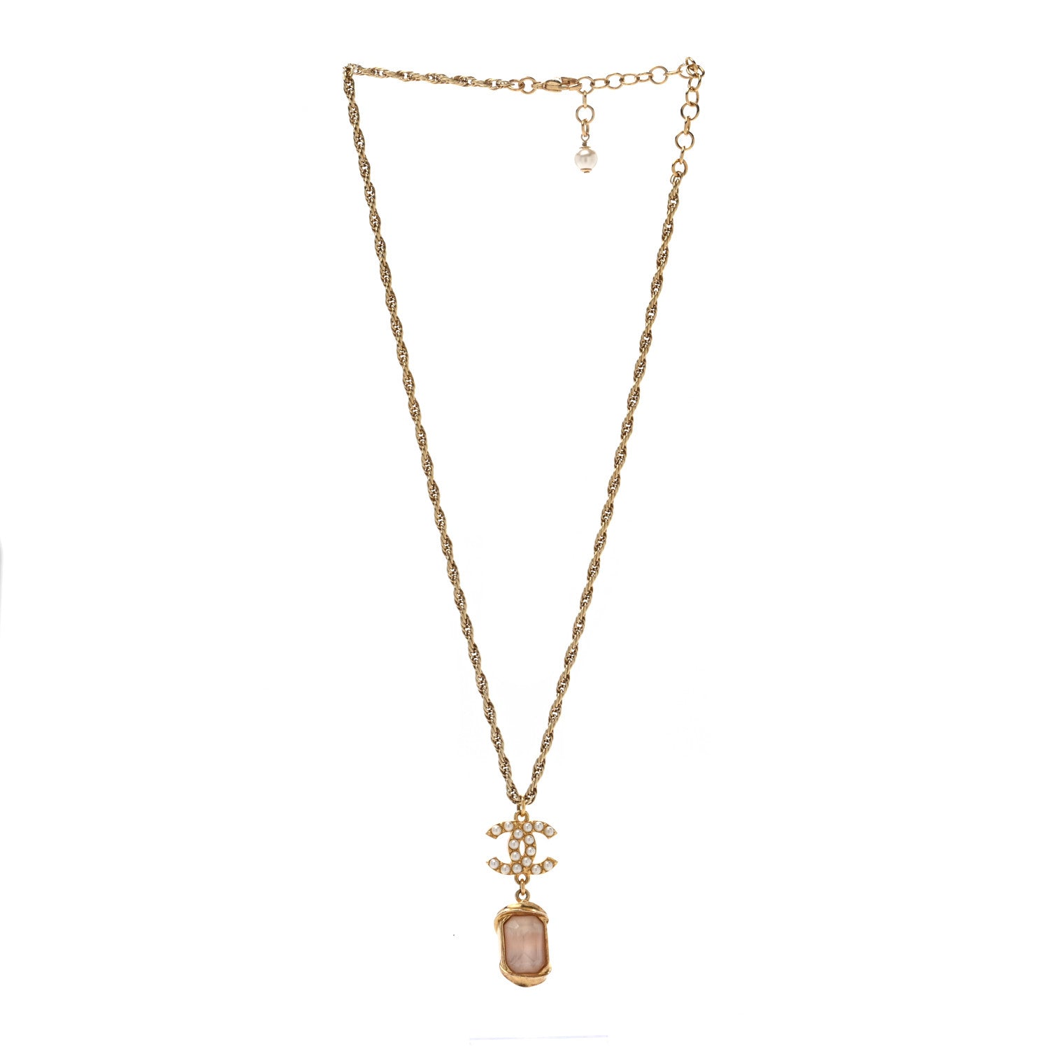 Chanel Pearl Crystal CC Pendant Necklace Gold Pink Pearly White 3 of 4