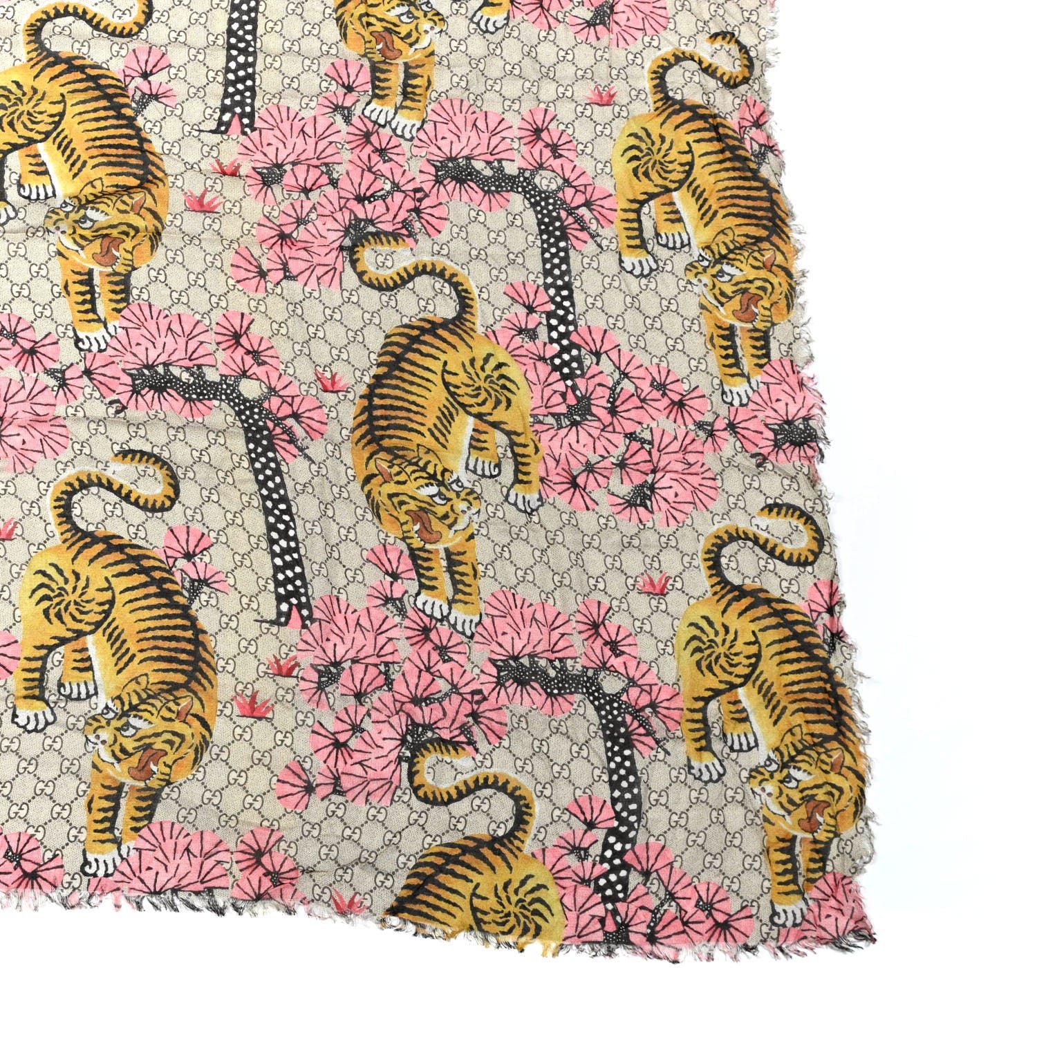 Gucci Modal Silk GG Monogram Supreme Tiger Square Shawl Rope Pink 3 of 3