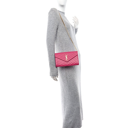 Saint Laurent Grain De Poudre Matelasse Chevron Monogram Chain Wallet Bubblegum 2 of 10
