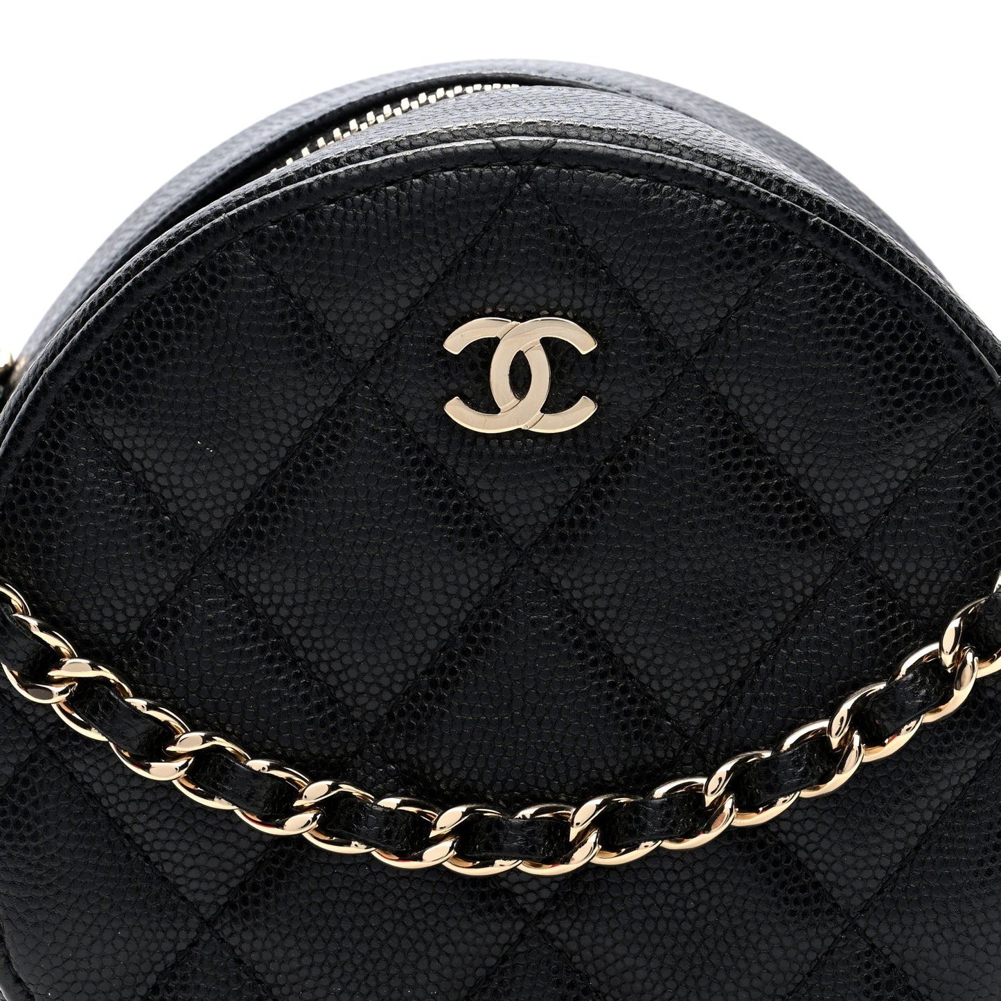 Caviar Quilted Round Clutch With Chain Black