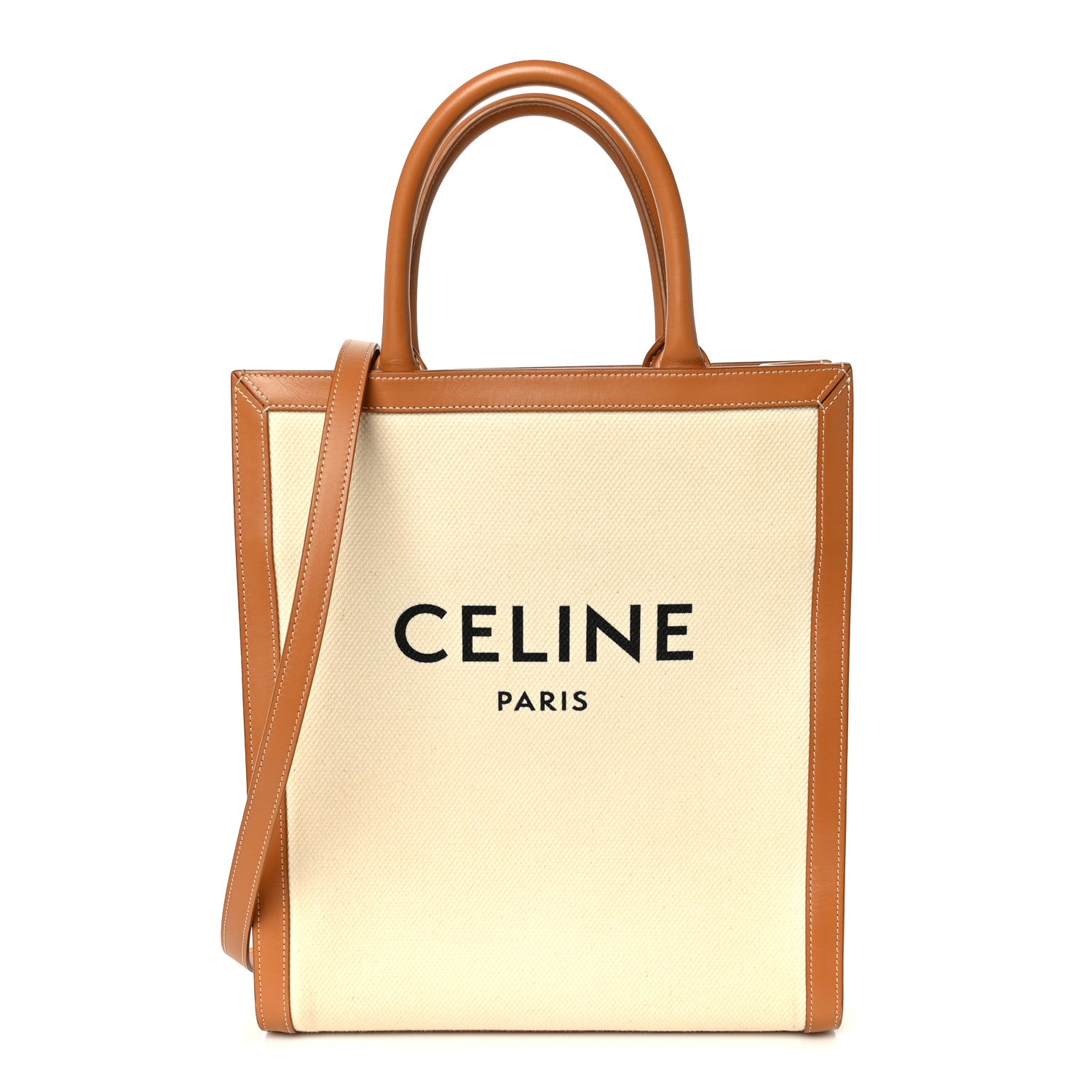 Celine Canvas Calfskin Logo Print Small Vertical Cabas Natural Tan 1 of 10
