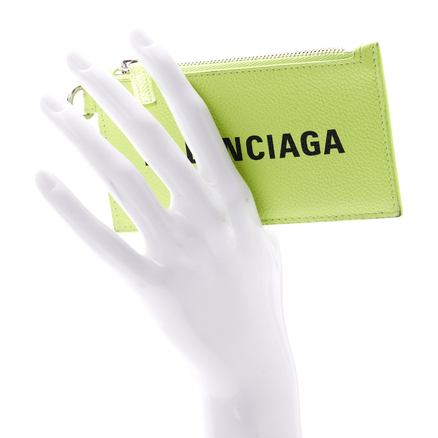 Balenciaga Grained Calfskin Logo Cash Coin Card Holder On Keychain Fluo Yellow Black 2 of 10