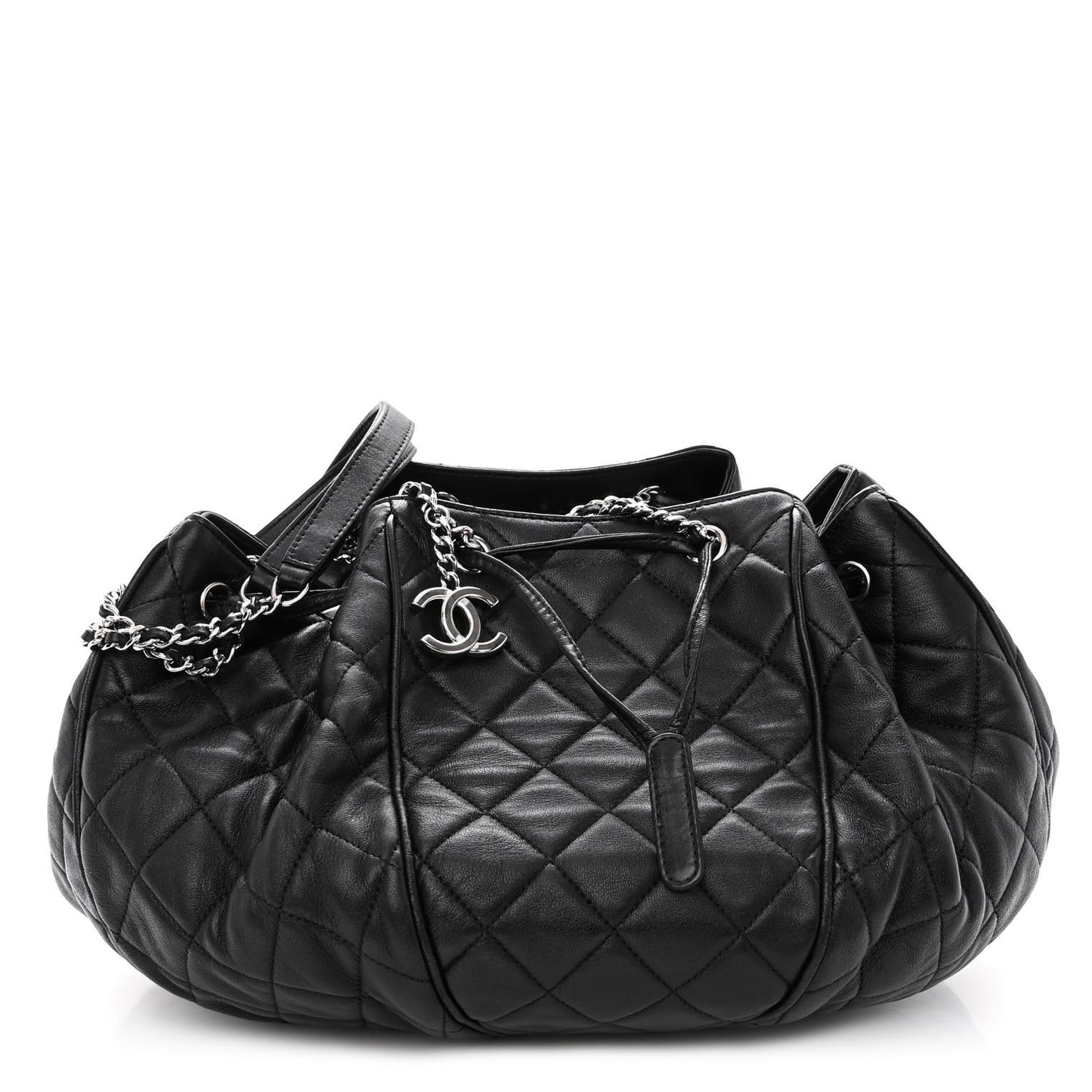 Calfskin Quilted Drawstring Sac Cordon Bag Black