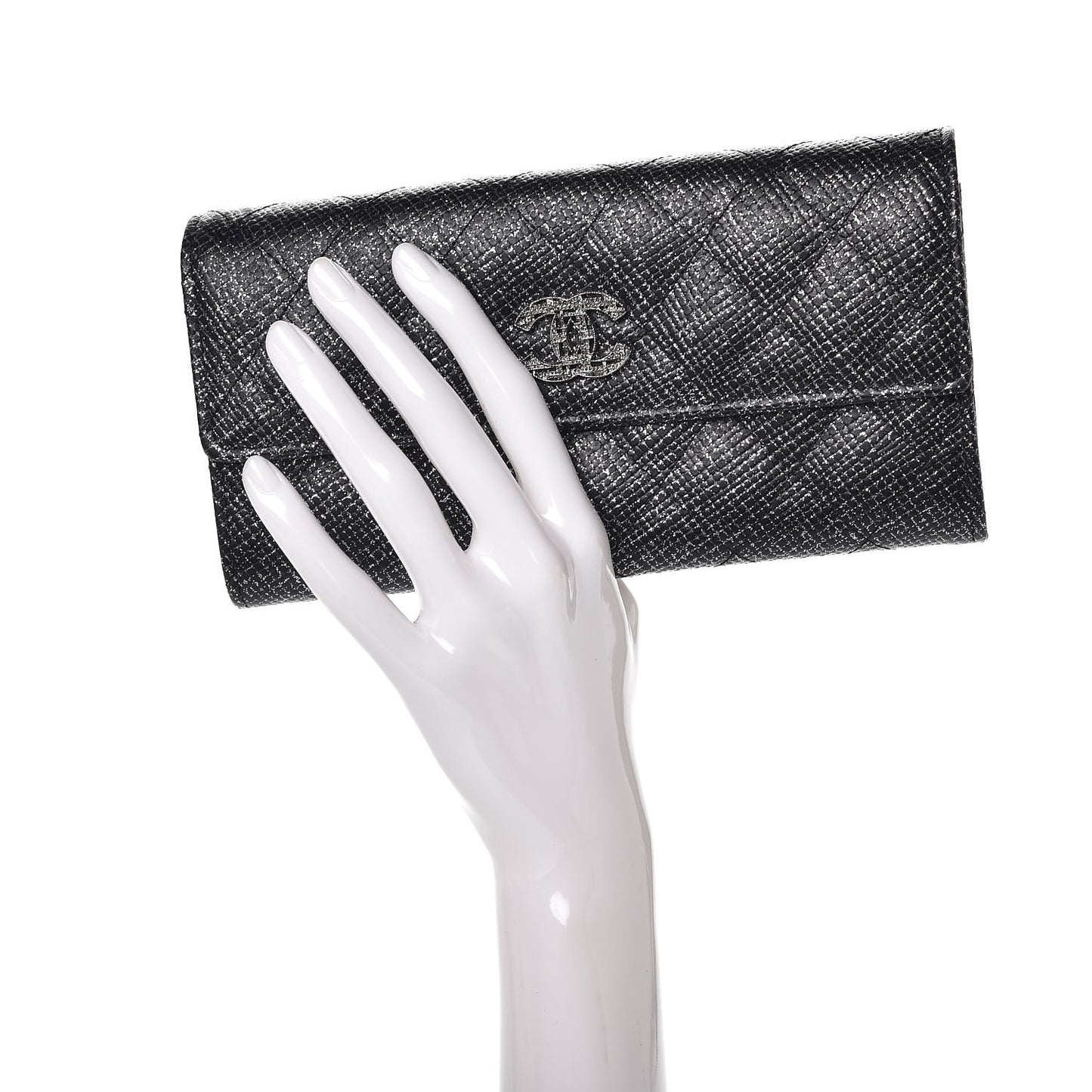 Glitter Calfskin Quilted Long Flap Wallet Black