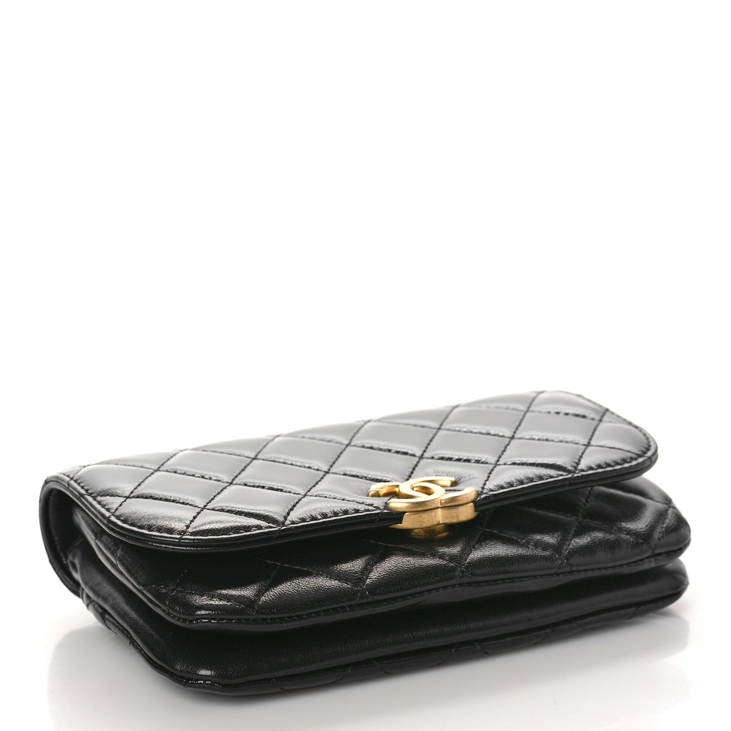 Shiny Lambskin Quilted Flap Phone Holder With Chain Black