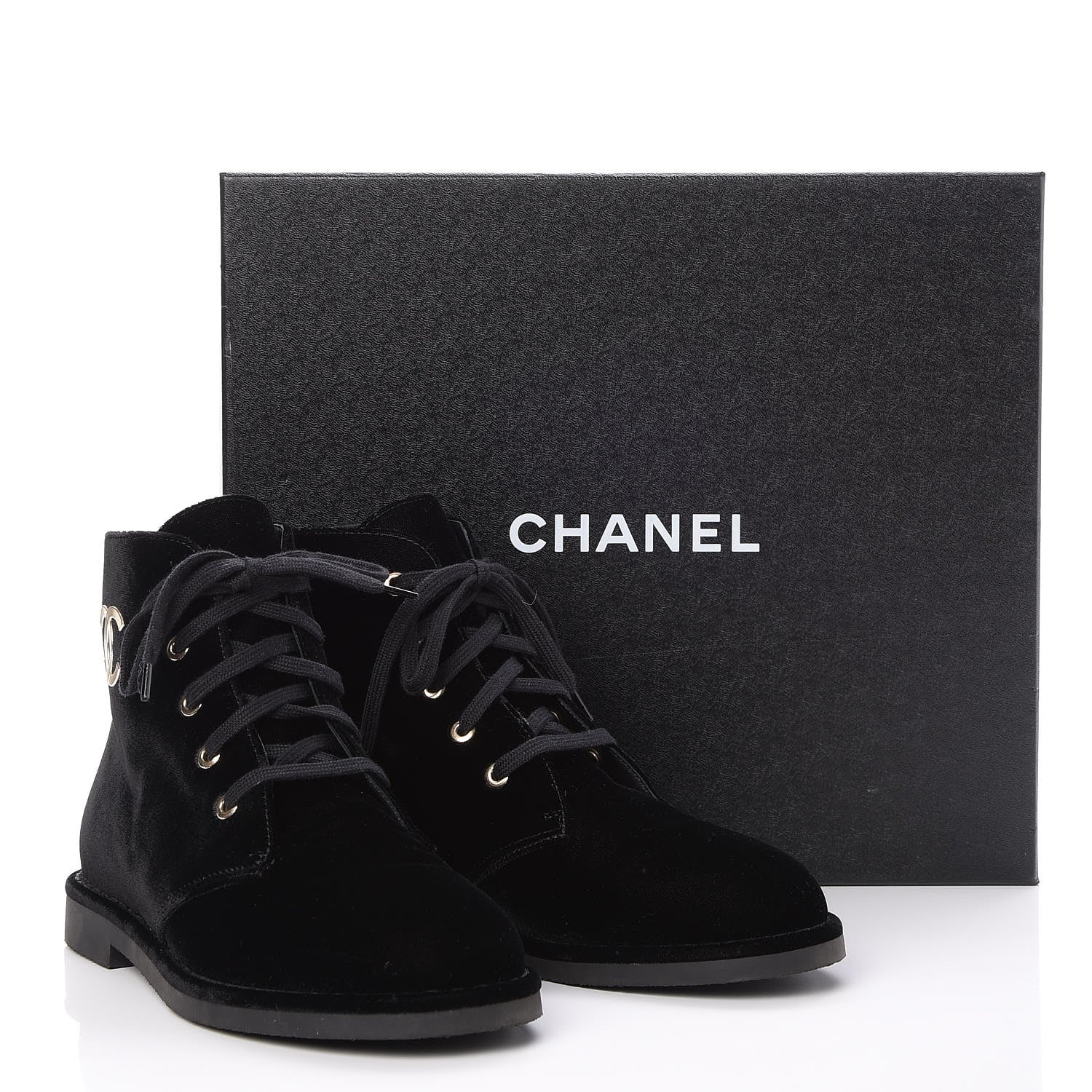 Chanel Velvet CC Lace Up Boots 38 Black 9 of 9