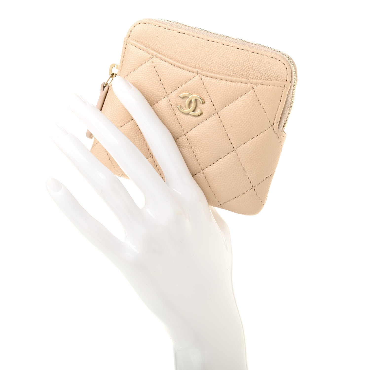 Chanel Caviar Quilted Zip Card Holder Wallet Light Beige 2 of 7