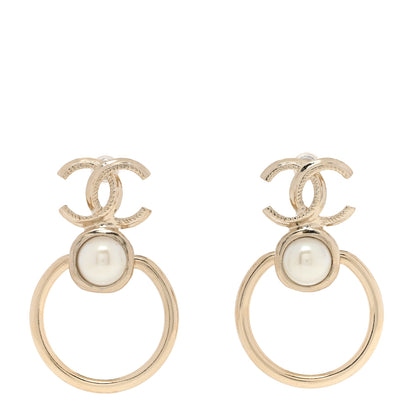 Chanel Metal Pearl CC Hoop Drop Earrings Gold 1 of 4