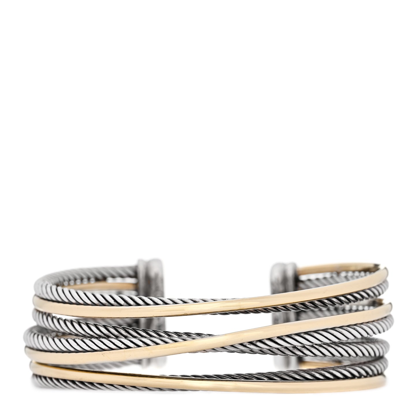 Sterling Silver 18K Yellow Gold 21mm Four Row Crossover Cuff Bracelet