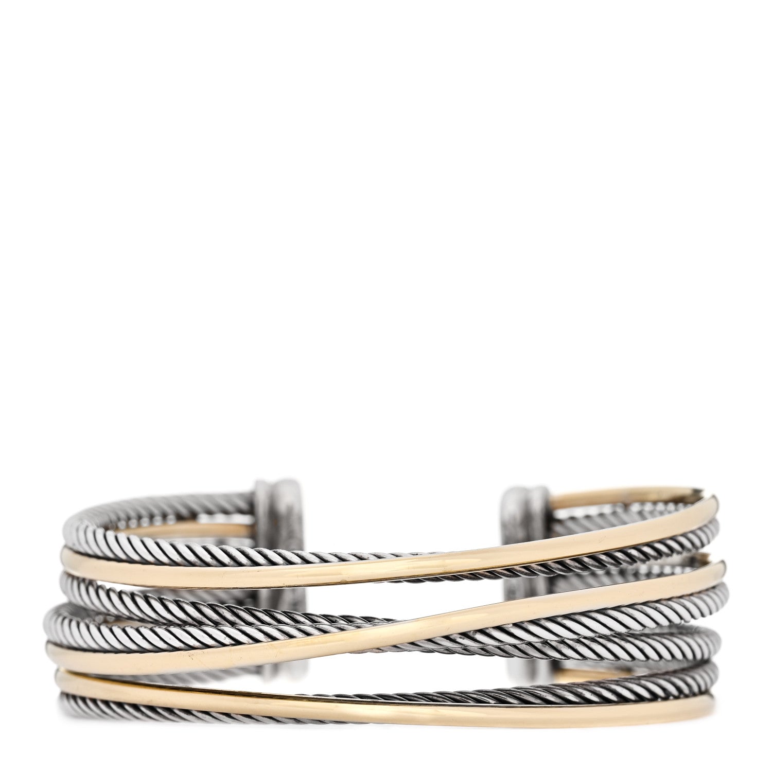 David Yurman Sterling Silver 18K Yellow Gold 21mm Four Row Crossover Cuff Bracelet 1 of 3