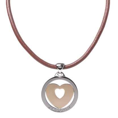 Bulgari Stainless Steel 18K Yellow Gold Calfskin Tondo Heart Pendant Necklace Brown 1 of 5