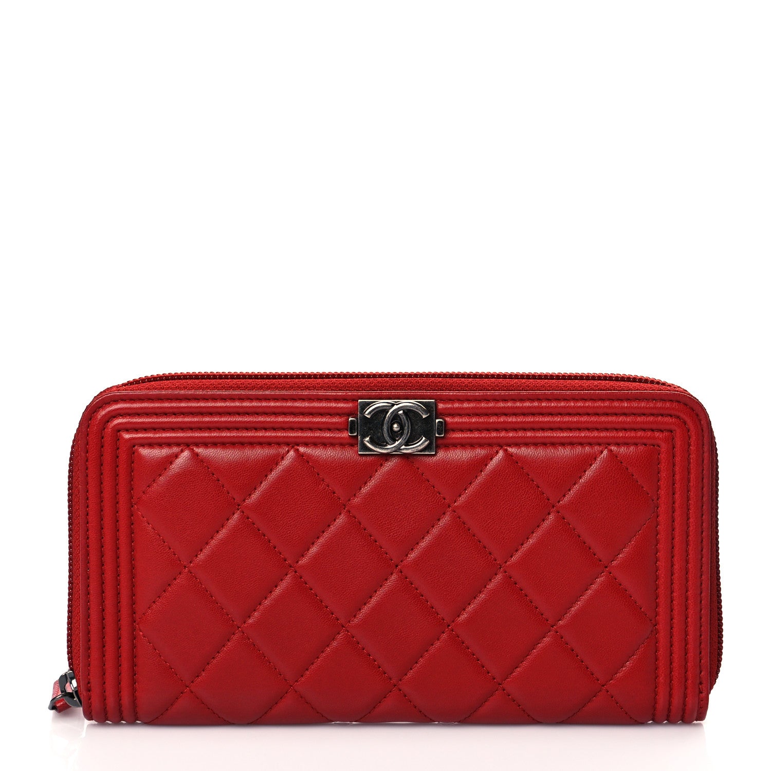 Chanel Lambskin Quilted Boy Zip Around Wallet Red 1 of 10
