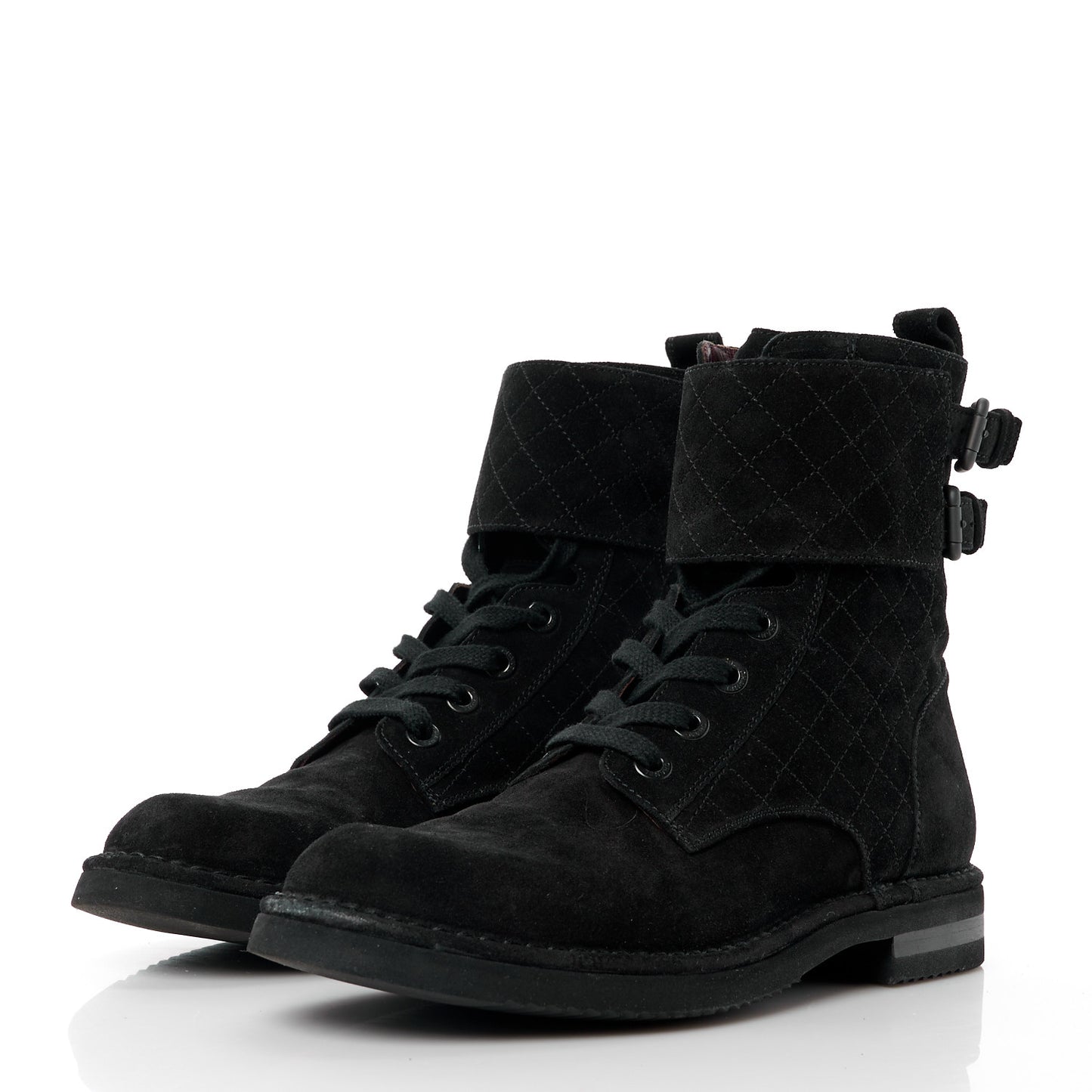 Suede Calfskin Quilted Combat Short Boots 41 Black